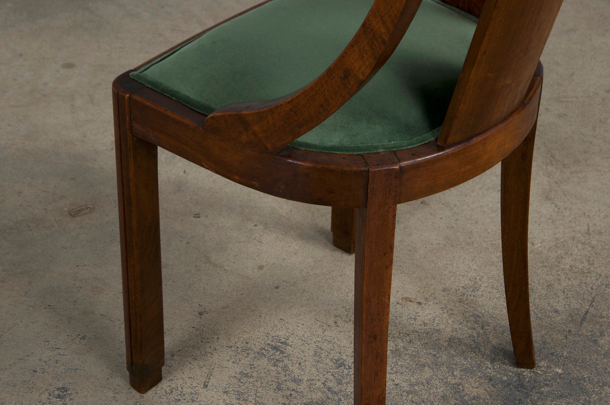 1930s French Art Deco Gondola Walnut Dining Chairs W/ Dark Green Velvet - Set of 6