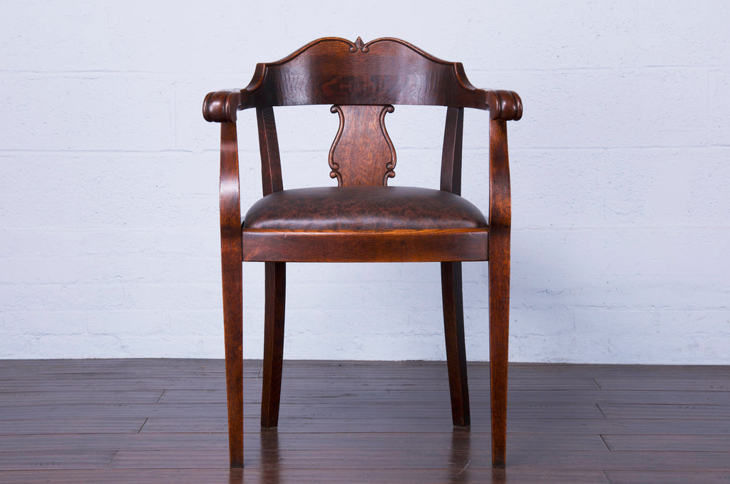 Antique Country French Oak Armchair W/ Brown Leather Seat
