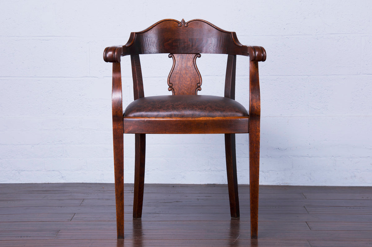 Antique Country French Oak Armchair W/ Brown Leather Seat