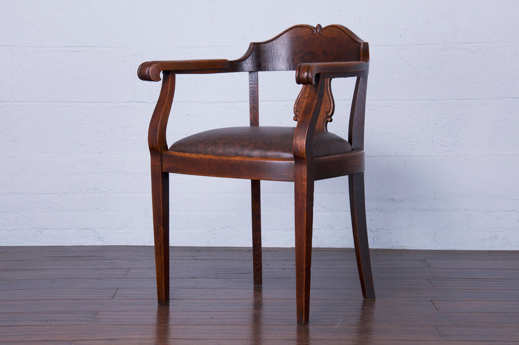 Antique Country French Oak Armchair W/ Brown Leather Seat