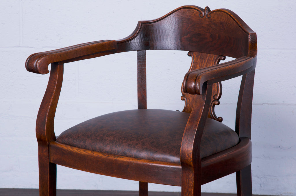 Antique Country French Oak Armchair W/ Brown Leather Seat