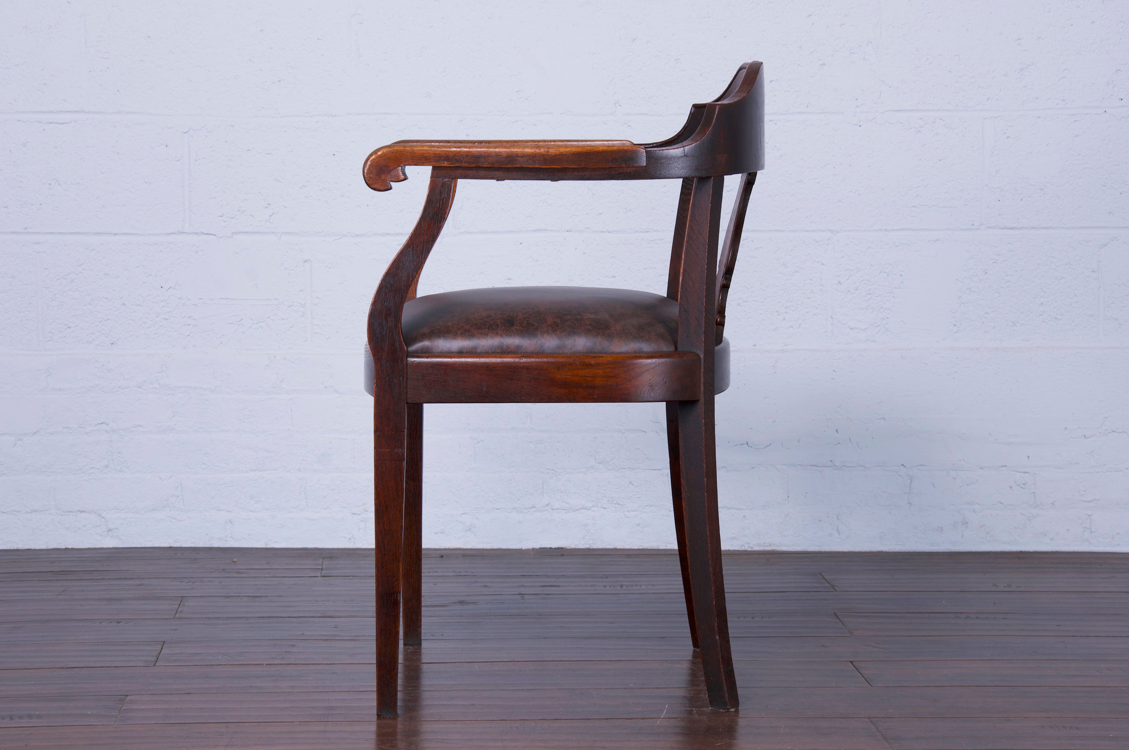 Antique Country French Oak Armchair W/ Brown Leather Seat