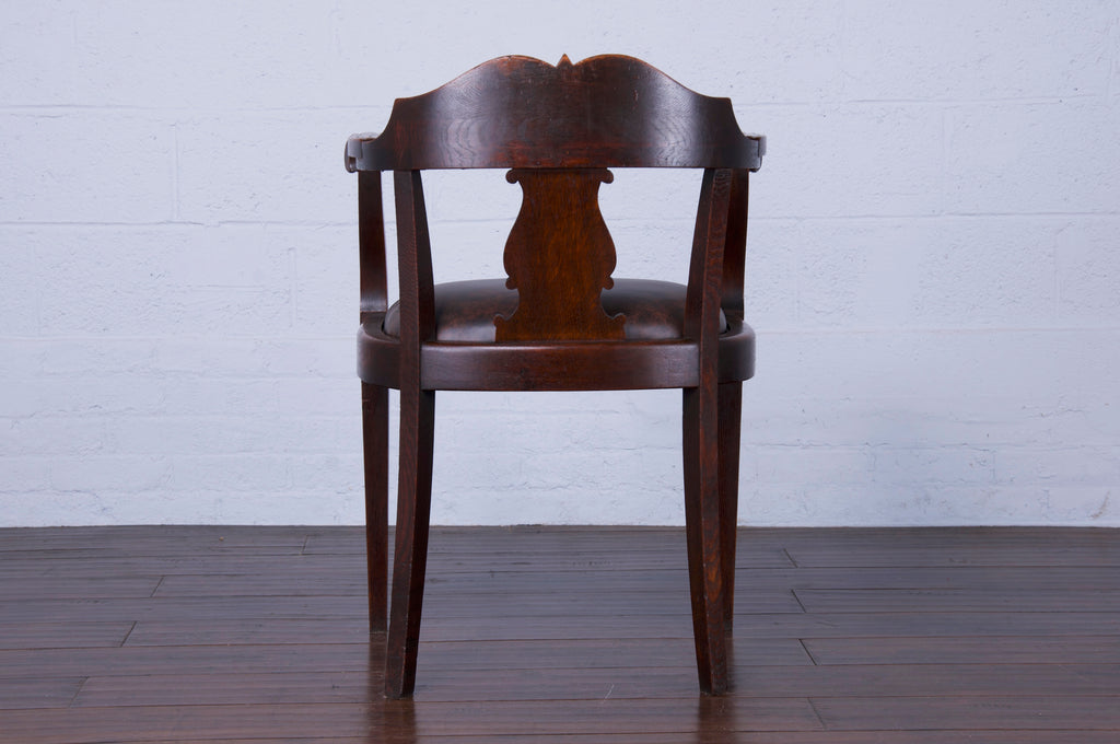 Antique Country French Oak Armchair W/ Brown Leather Seat