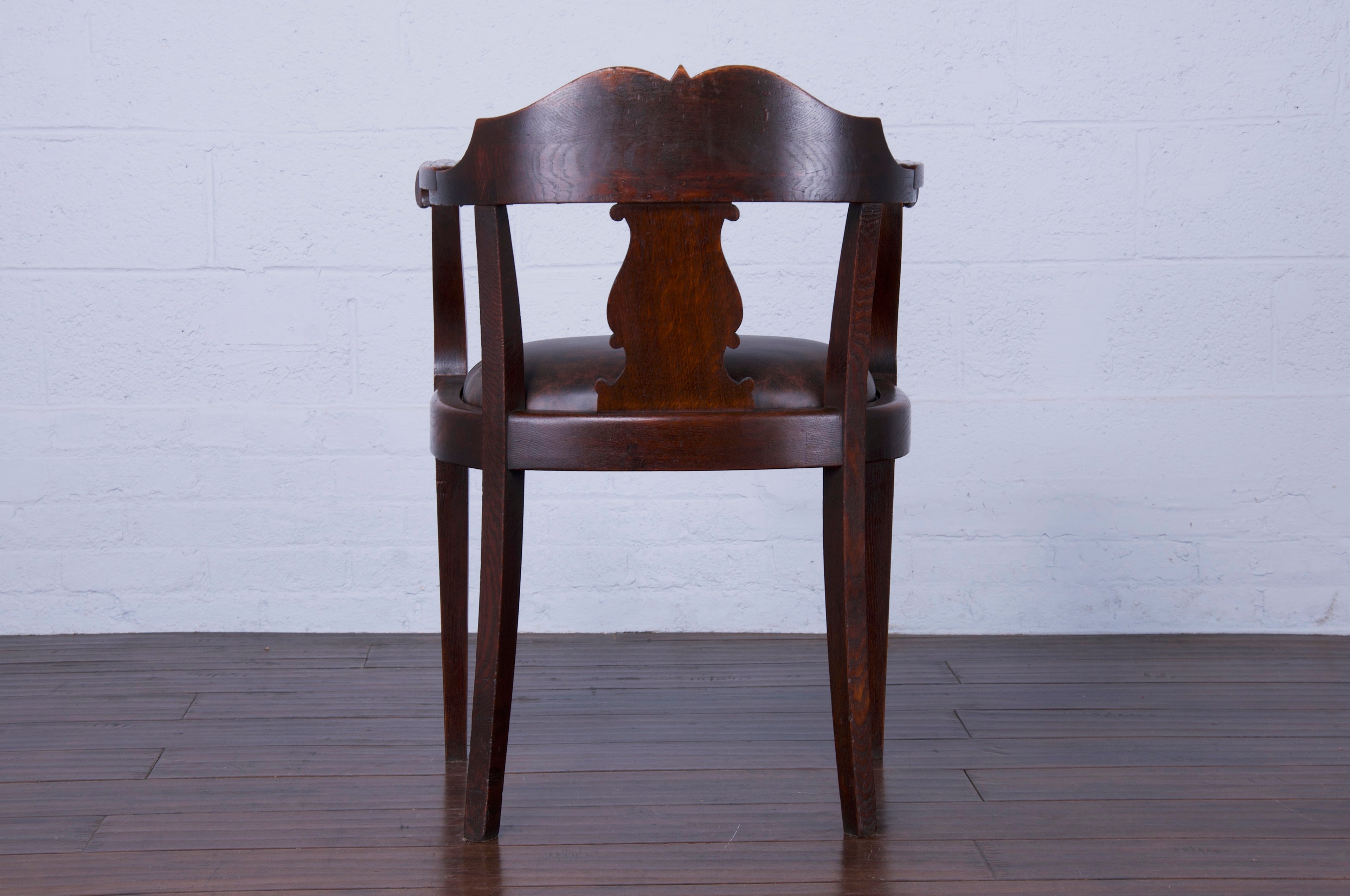 Antique Country French Oak Armchair W/ Brown Leather Seat