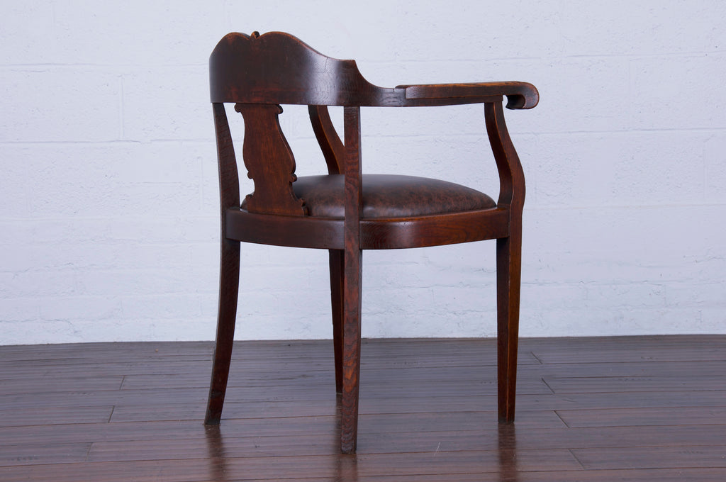 Antique Country French Oak Armchair W/ Brown Leather Seat