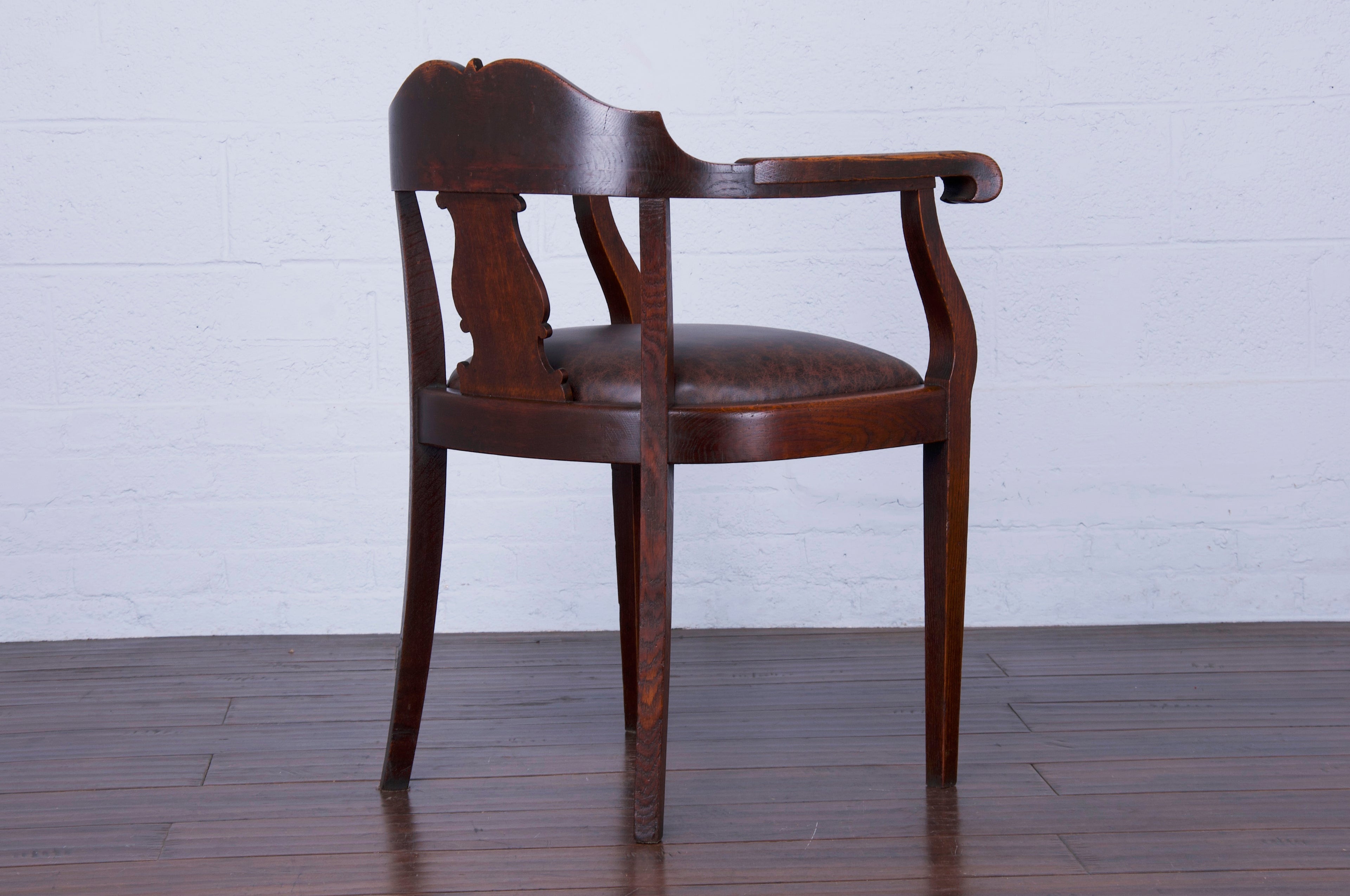 Antique Country French Oak Armchair W/ Brown Leather Seat