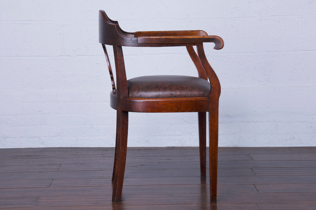 Antique Country French Oak Armchair W/ Brown Leather Seat