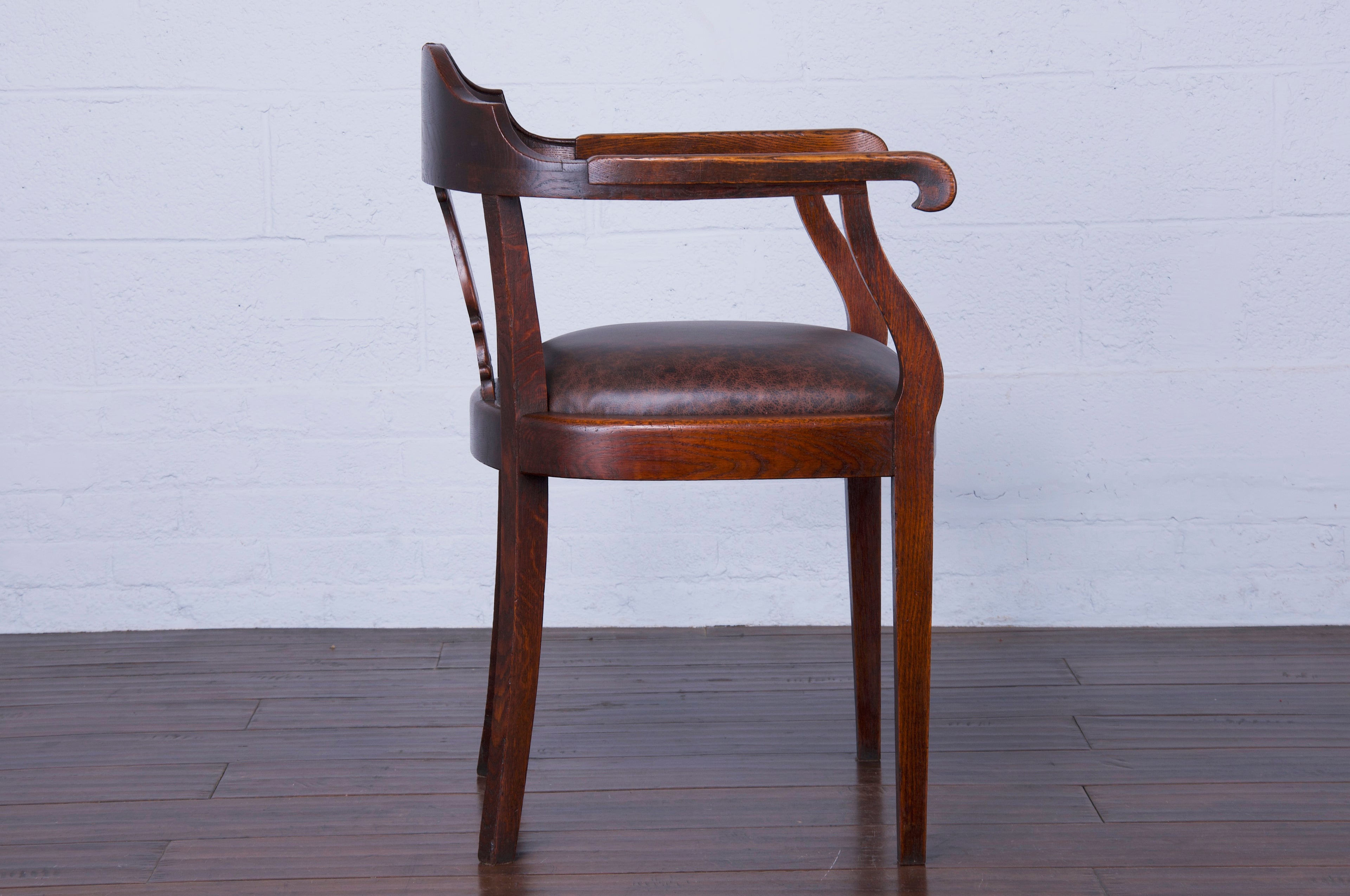 Antique Country French Oak Armchair W/ Brown Leather Seat