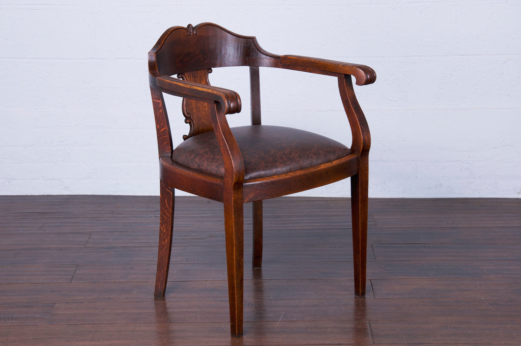 Antique Country French Oak Armchair W/ Brown Leather Seat