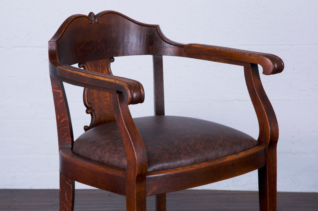 Antique Country French Oak Armchair W/ Brown Leather Seat
