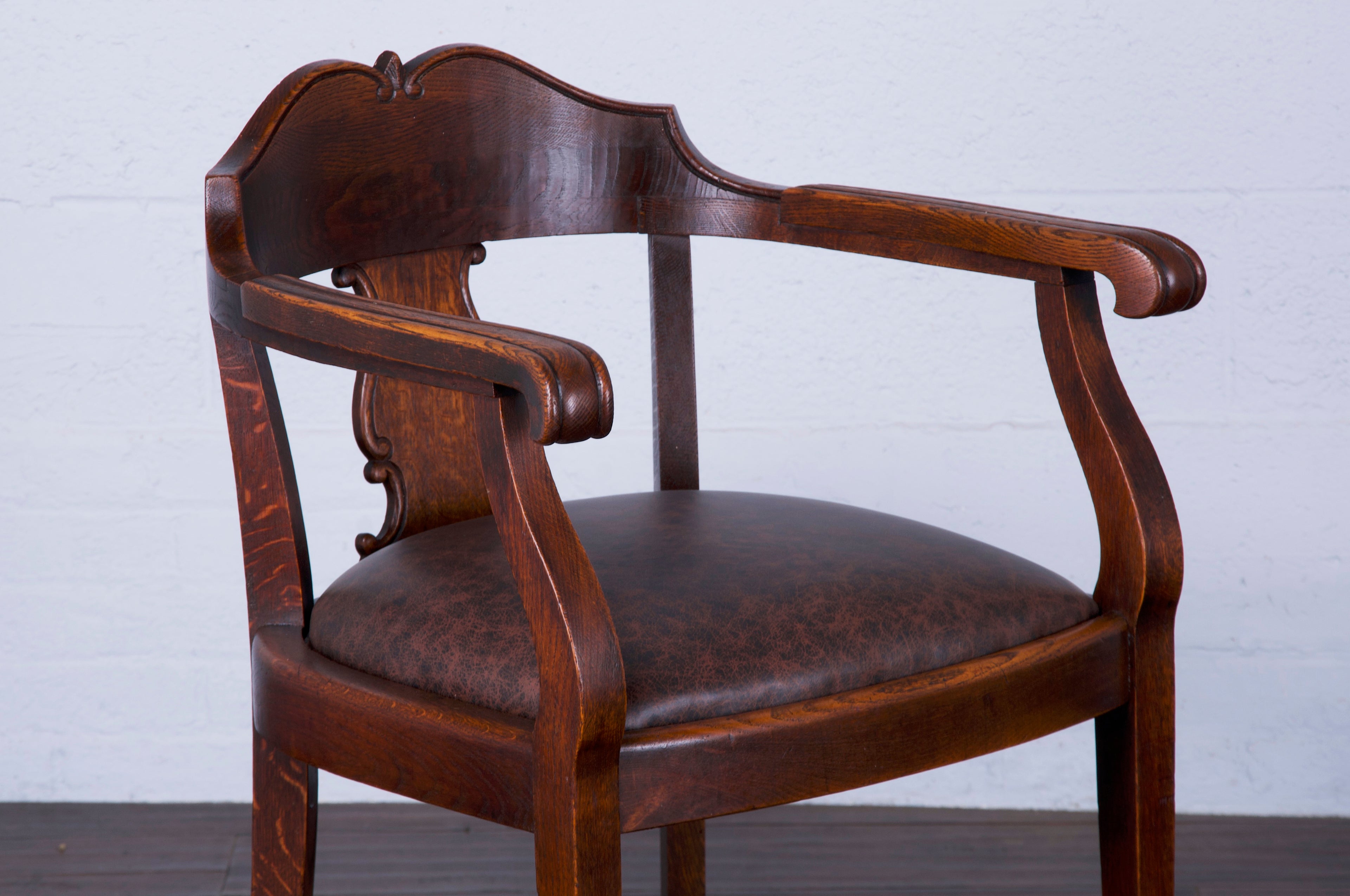 Antique Country French Oak Armchair W/ Brown Leather Seat