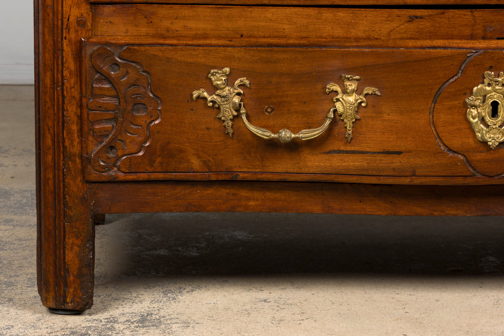 18th Century French Régence Walnut Chest of Drawers with Brass Pulls, Lyon