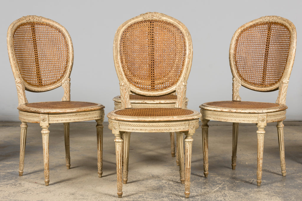 Early 19th Century French Louis XVI Painted Cane Dining Chairs - Set of 10