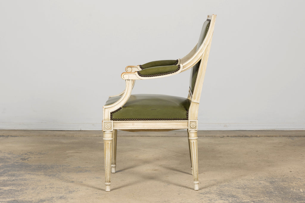 Early 20th Century French Louis XVI Style Painted Armchair in Olive Green