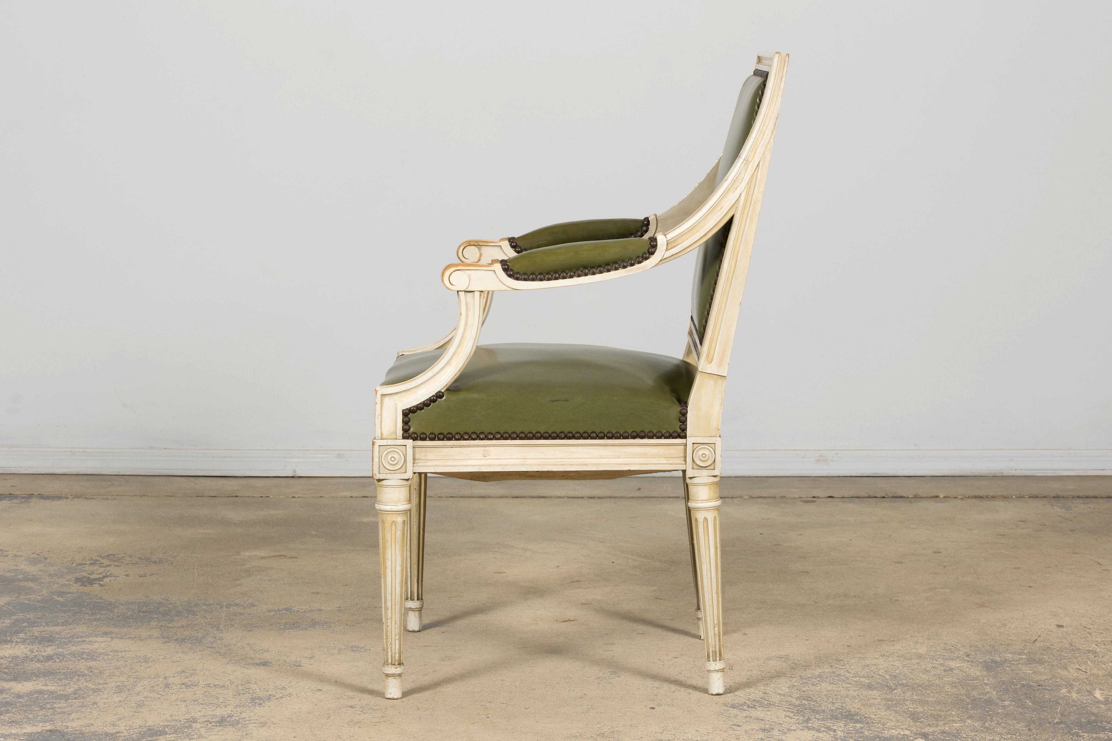 Early 20th Century French Louis XVI Style Painted Armchair in Olive Green