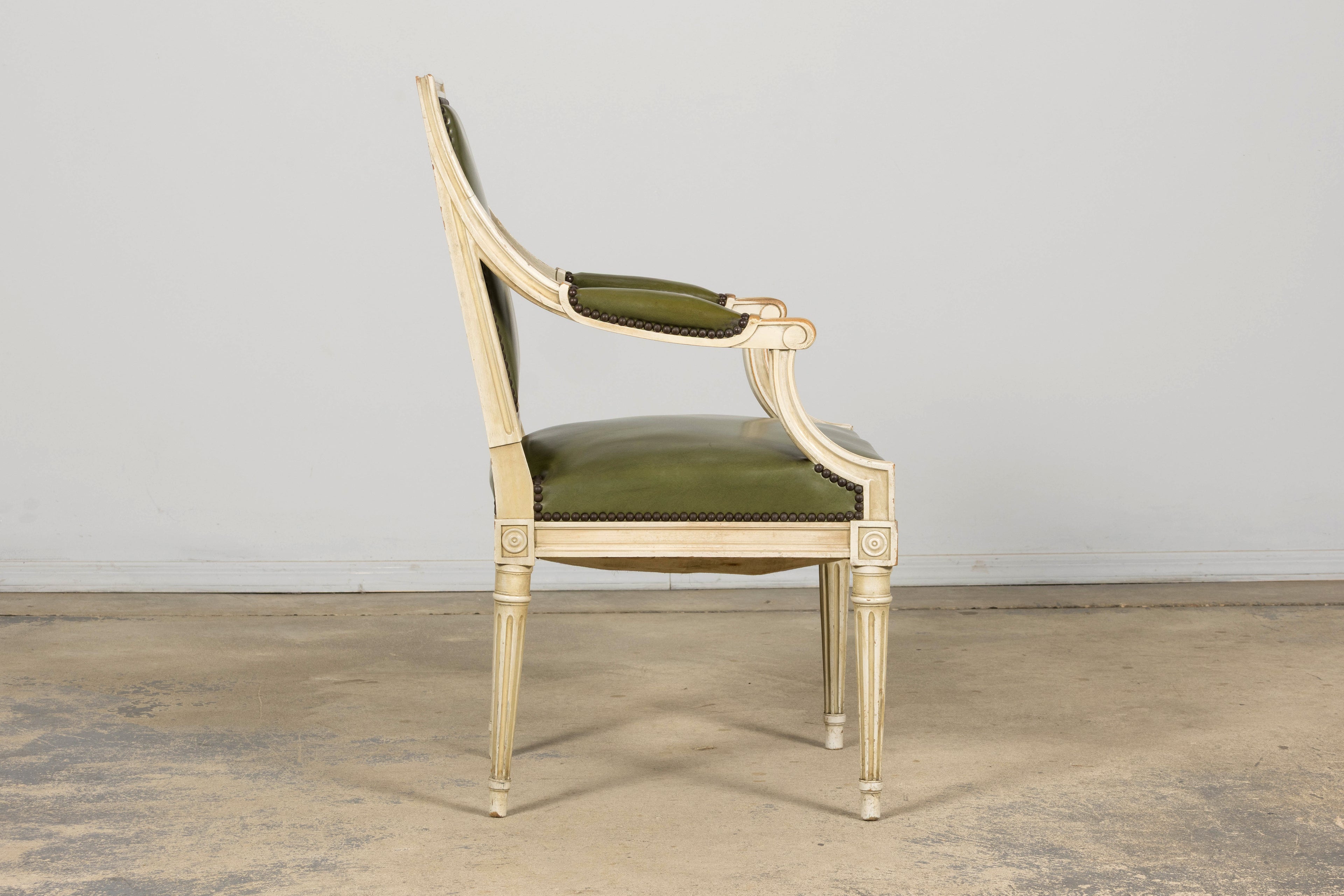 Early 20th Century French Louis XVI Style Painted Armchair in Olive Green