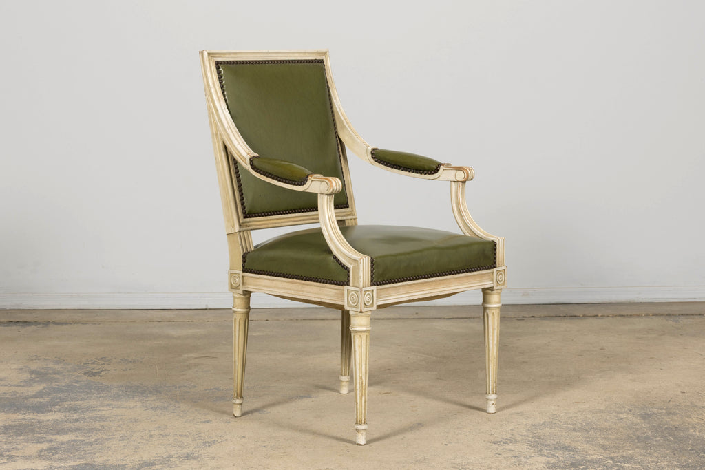 Early 20th Century French Louis XVI Style Painted Armchair in Olive Green