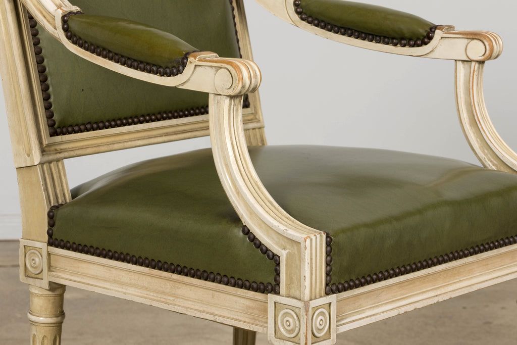 Early 20th Century French Louis XVI Style Painted Armchair in Olive Green