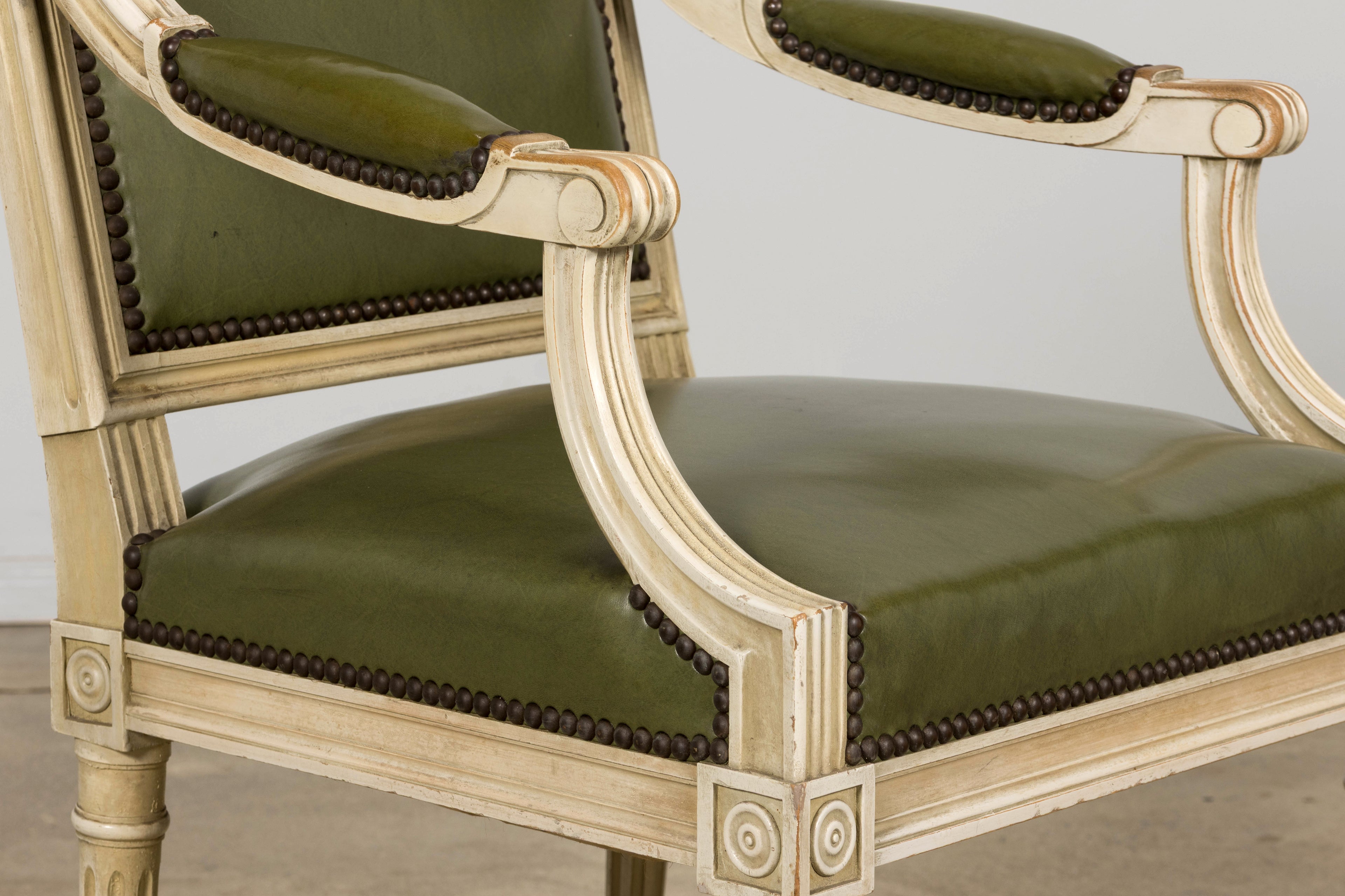 Early 20th Century French Louis XVI Style Painted Armchair in Olive Green