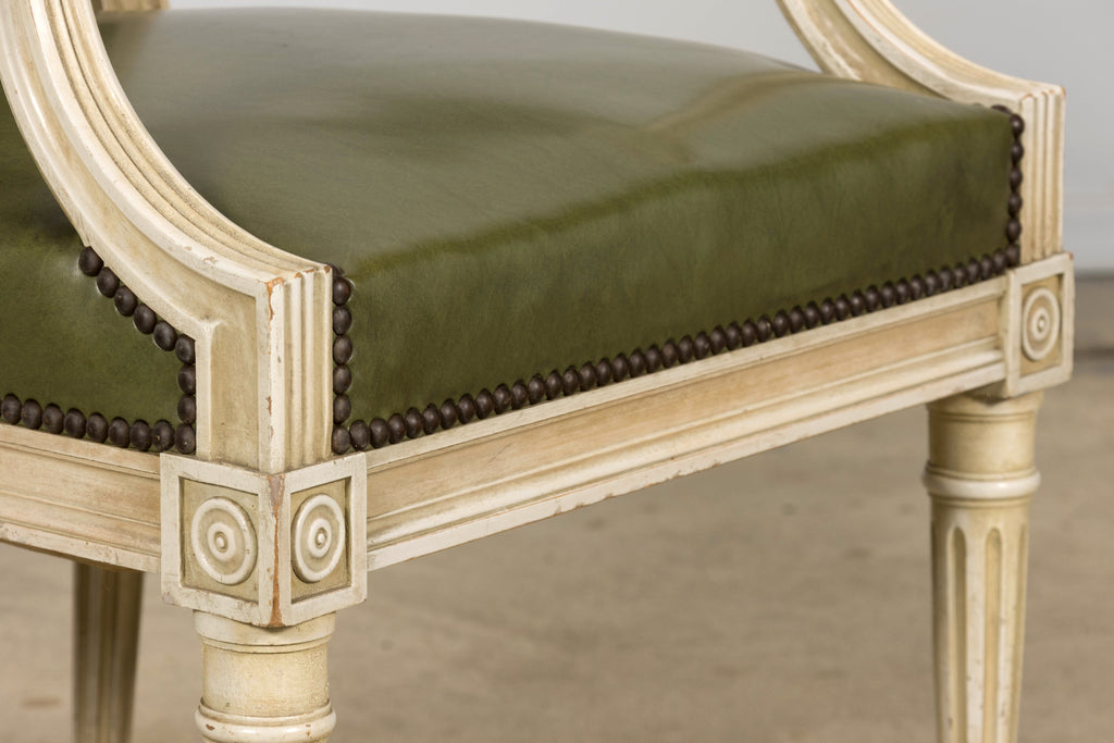 Early 20th Century French Louis XVI Style Painted Armchair in Olive Green