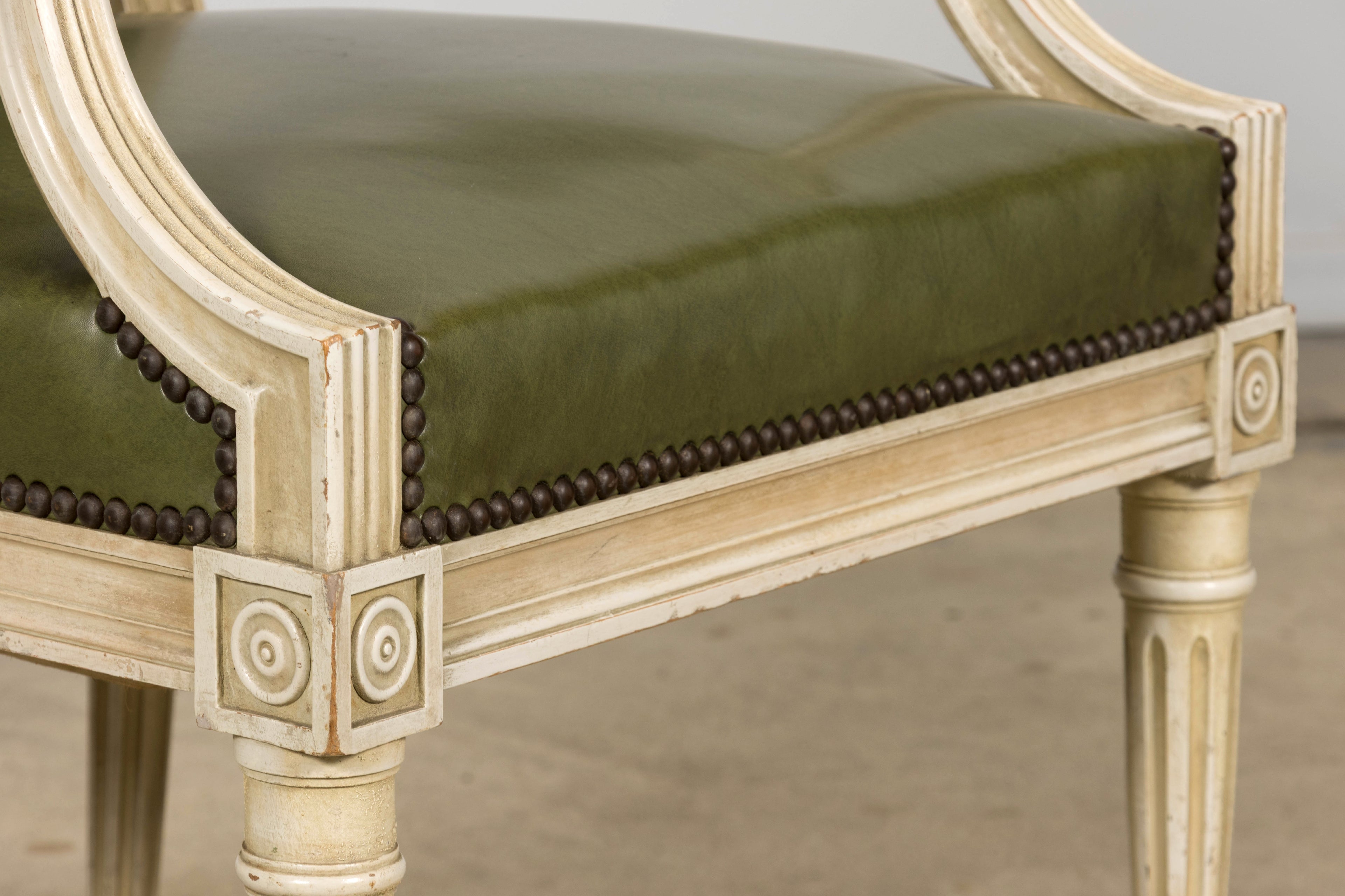 Early 20th Century French Louis XVI Style Painted Armchair in Olive Green
