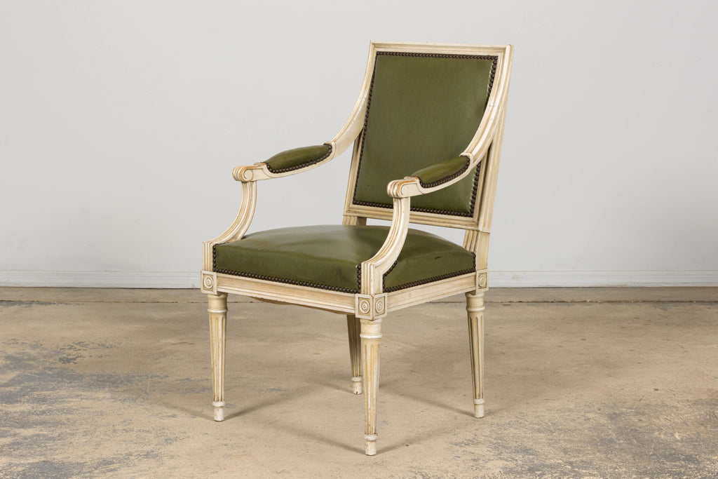 Early 20th Century French Louis XVI Style Painted Armchair in Olive Green