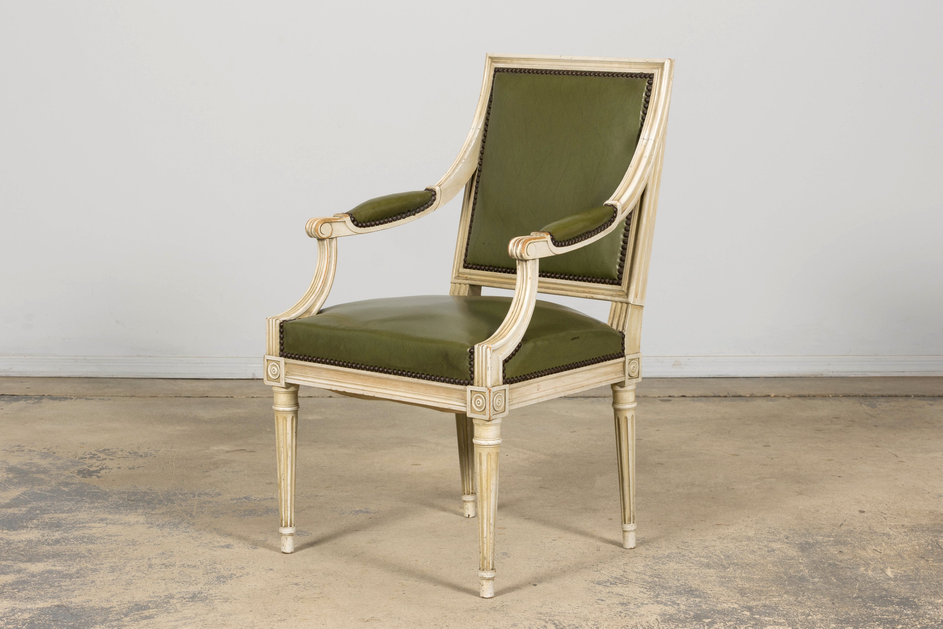 Early 20th Century French Louis XVI Style Painted Armchair in Olive Green