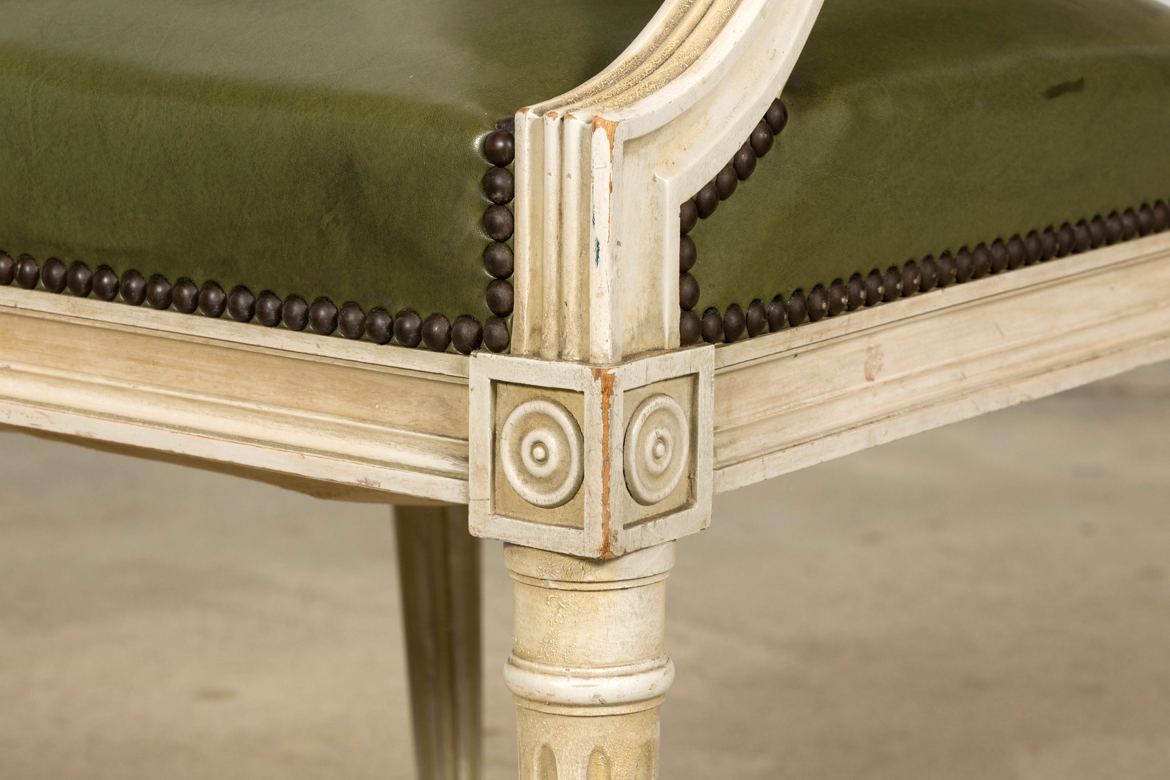 Early 20th Century French Louis XVI Style Painted Armchair in Olive Green
