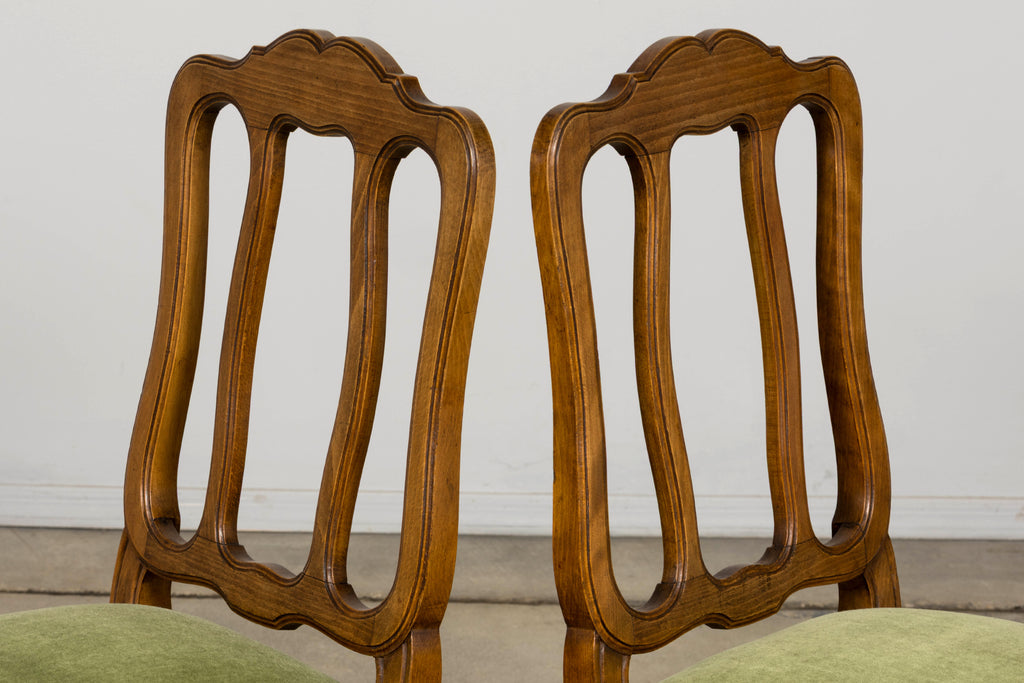 Early 20th Century French Louis XV Walnut Dining Chairs with Moss Green Mohair, Set of 8