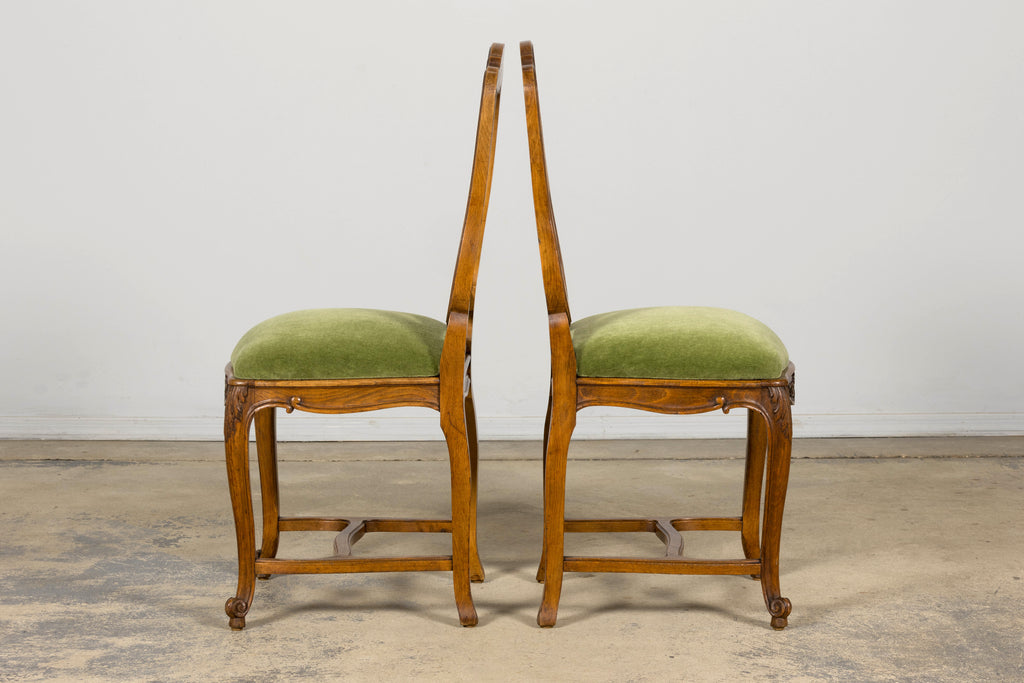 Early 20th Century French Louis XV Walnut Dining Chairs with Moss Green Mohair, Set of 8