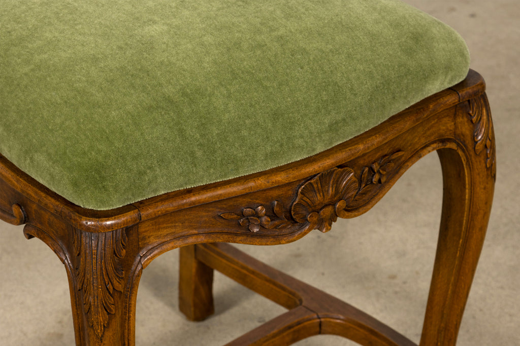 Early 20th Century French Louis XV Walnut Dining Chairs with Moss Green Mohair, Set of 8