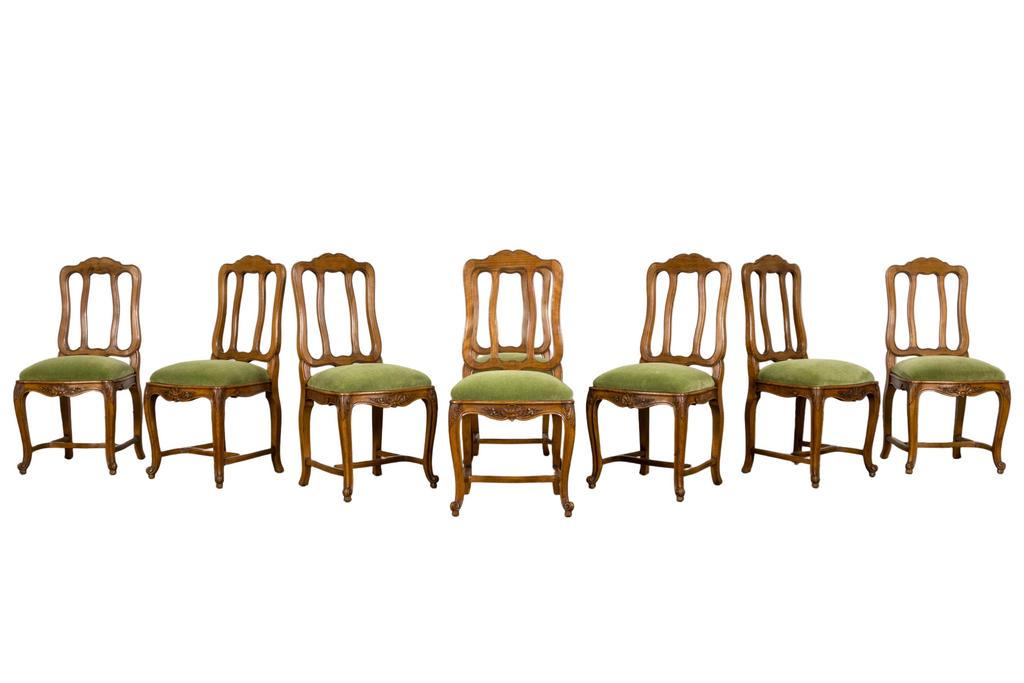 Early 20th Century French Louis XV Walnut Dining Chairs with Moss Green Mohair, Set of 8