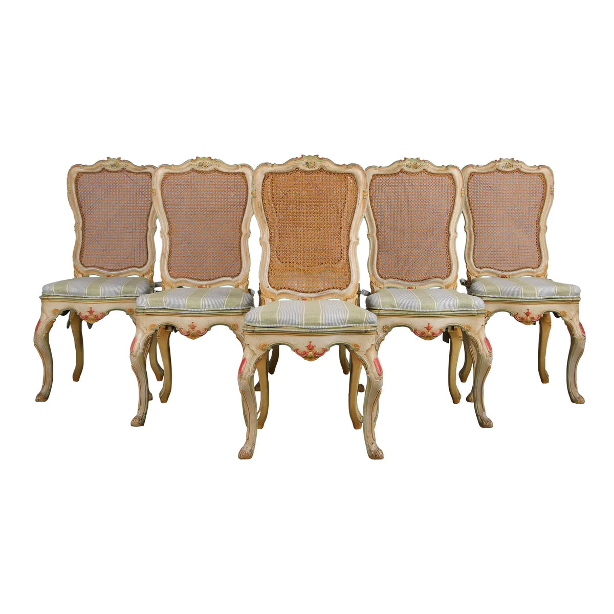 Early 19th Century French Louis XV Style Painted Cane Back Dining Chairs W/ Striped Linen - Set of 6