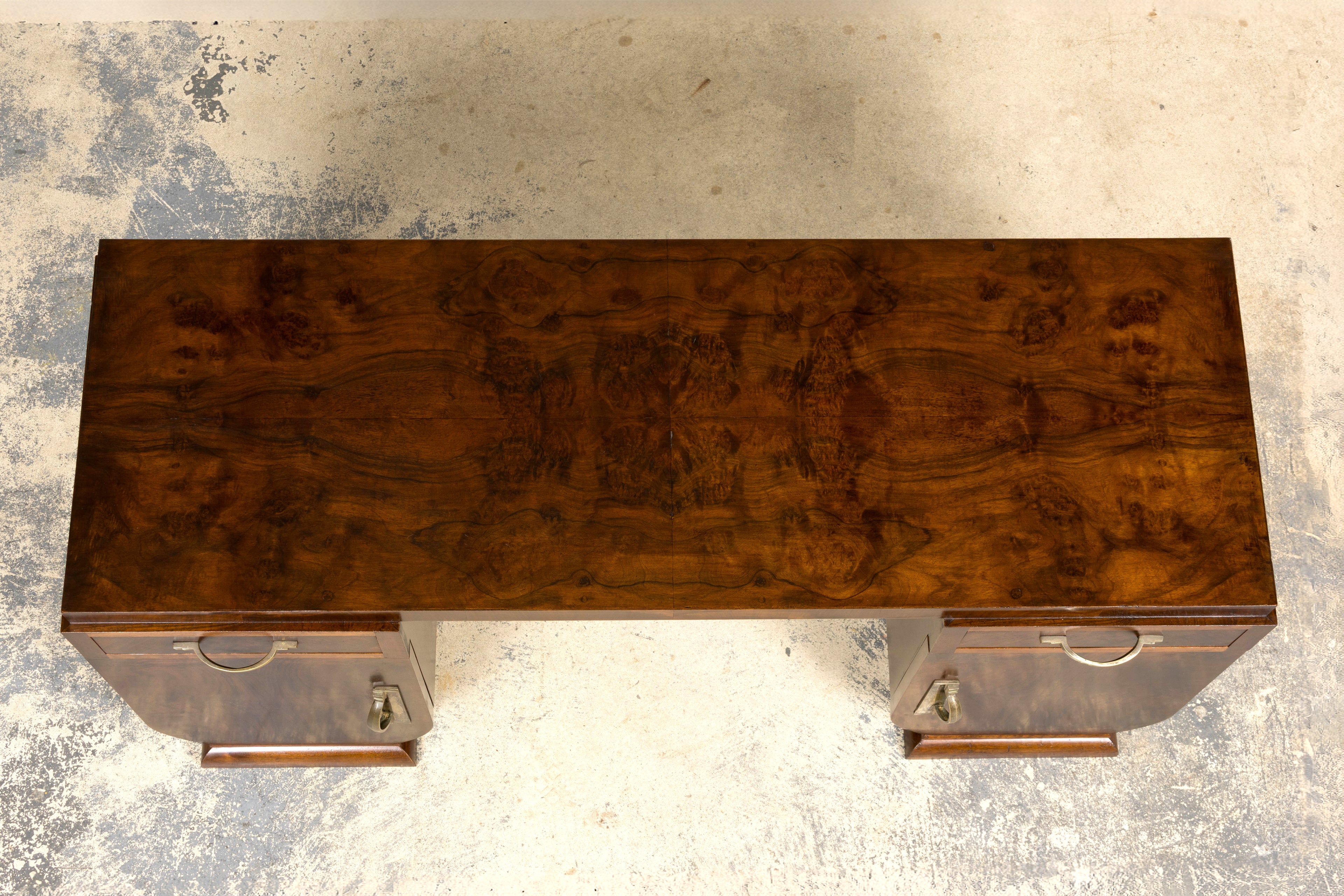 French Art Deco Walnut Burl Pedestal Desk, 1930s