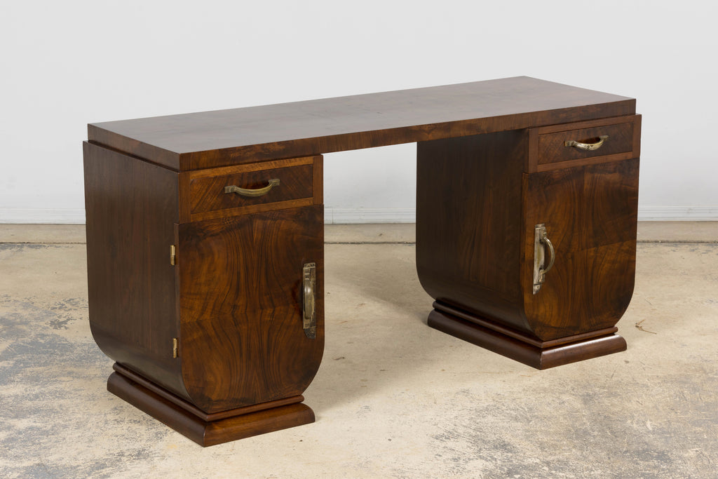 French Art Deco Walnut Burl Pedestal Desk, 1930s