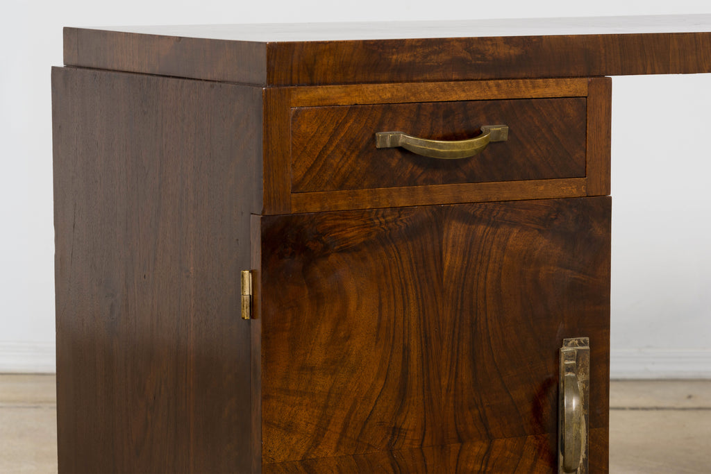 French Art Deco Walnut Burl Pedestal Desk, 1930s