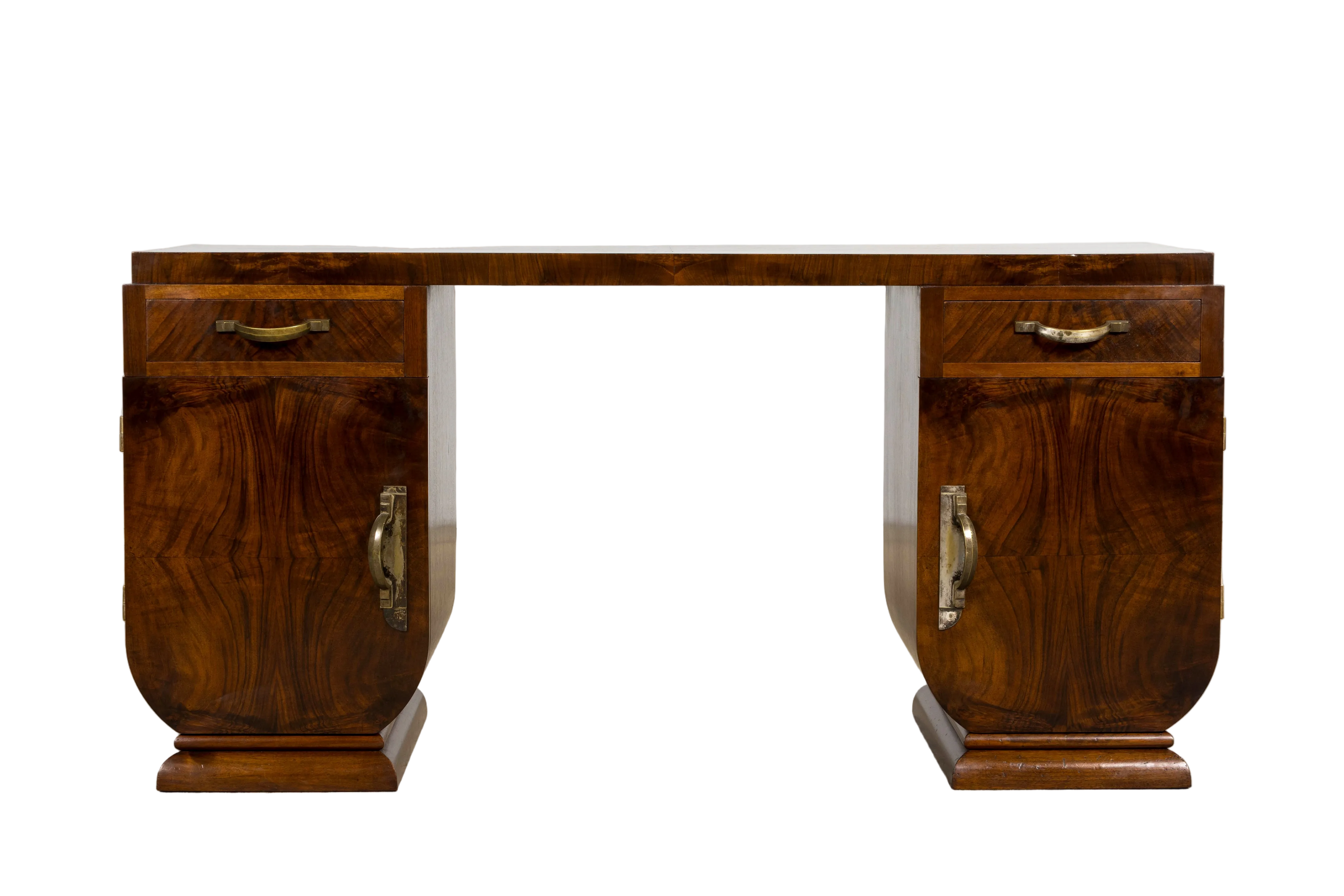 French Art Deco Walnut Burl Pedestal Desk, 1930s