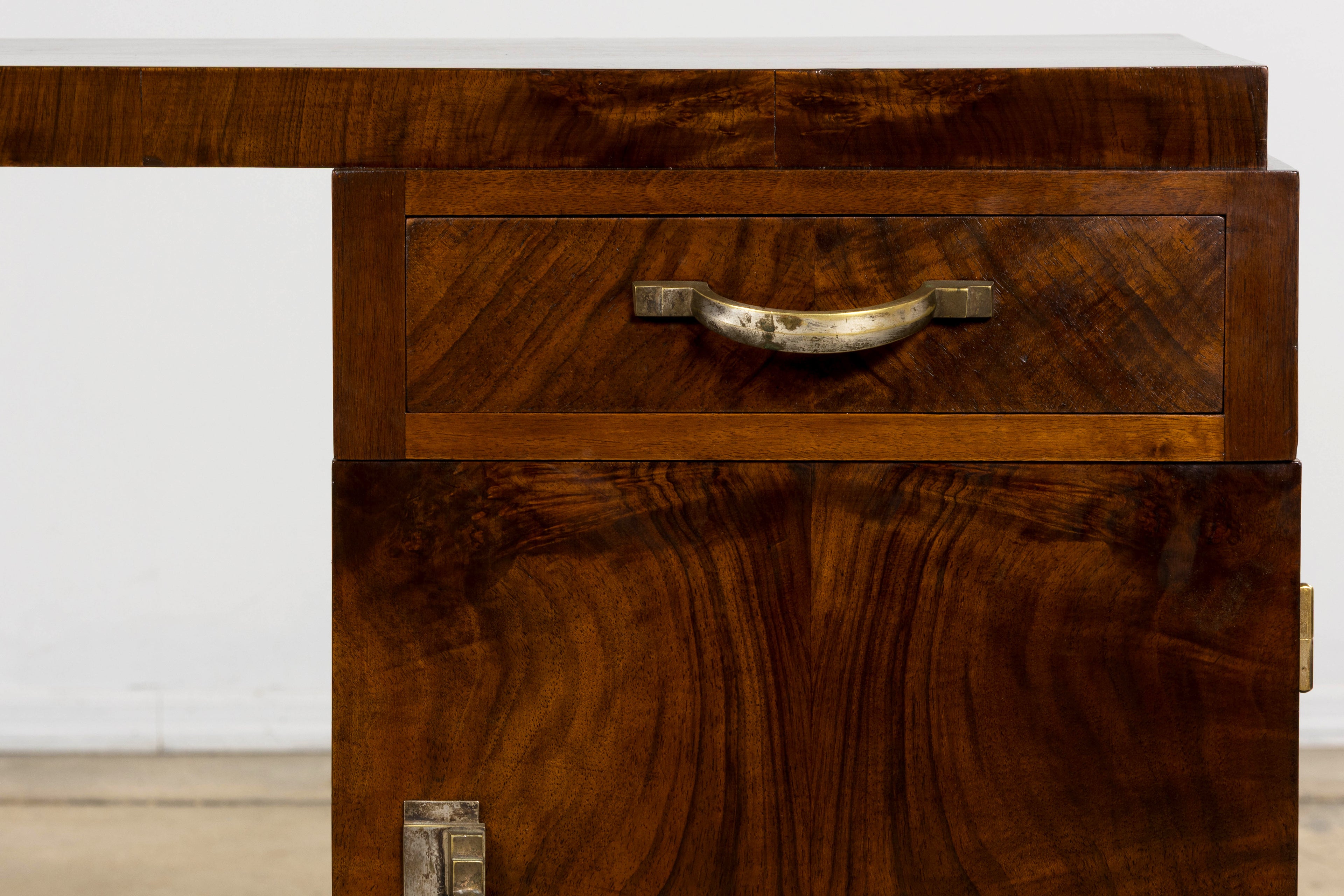 French Art Deco Walnut Burl Pedestal Desk, 1930s