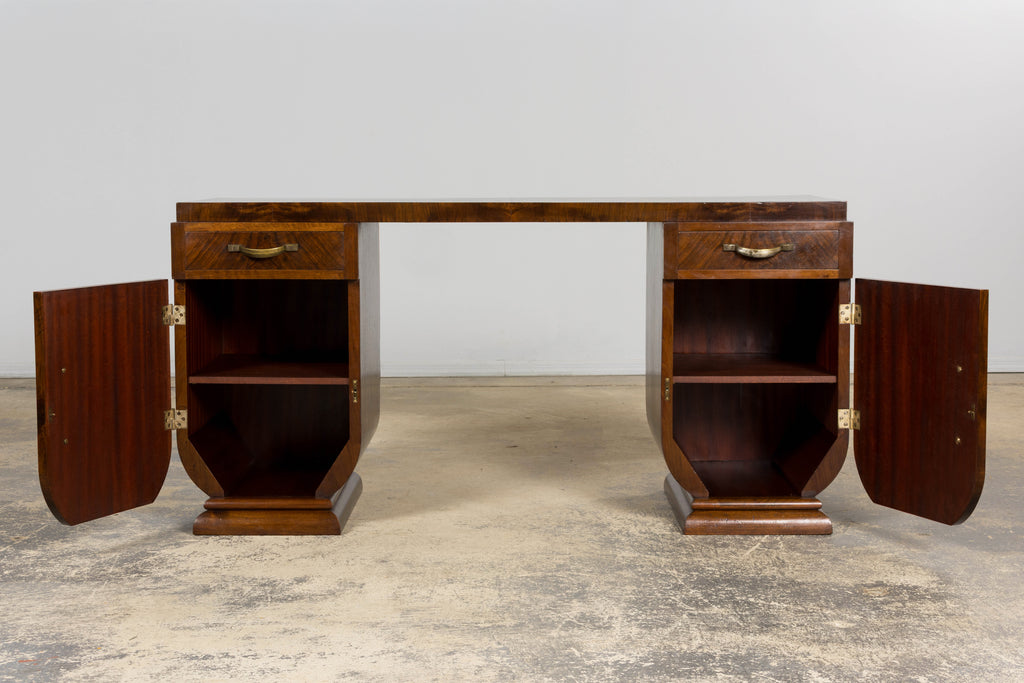 French Art Deco Walnut Burl Pedestal Desk, 1930s