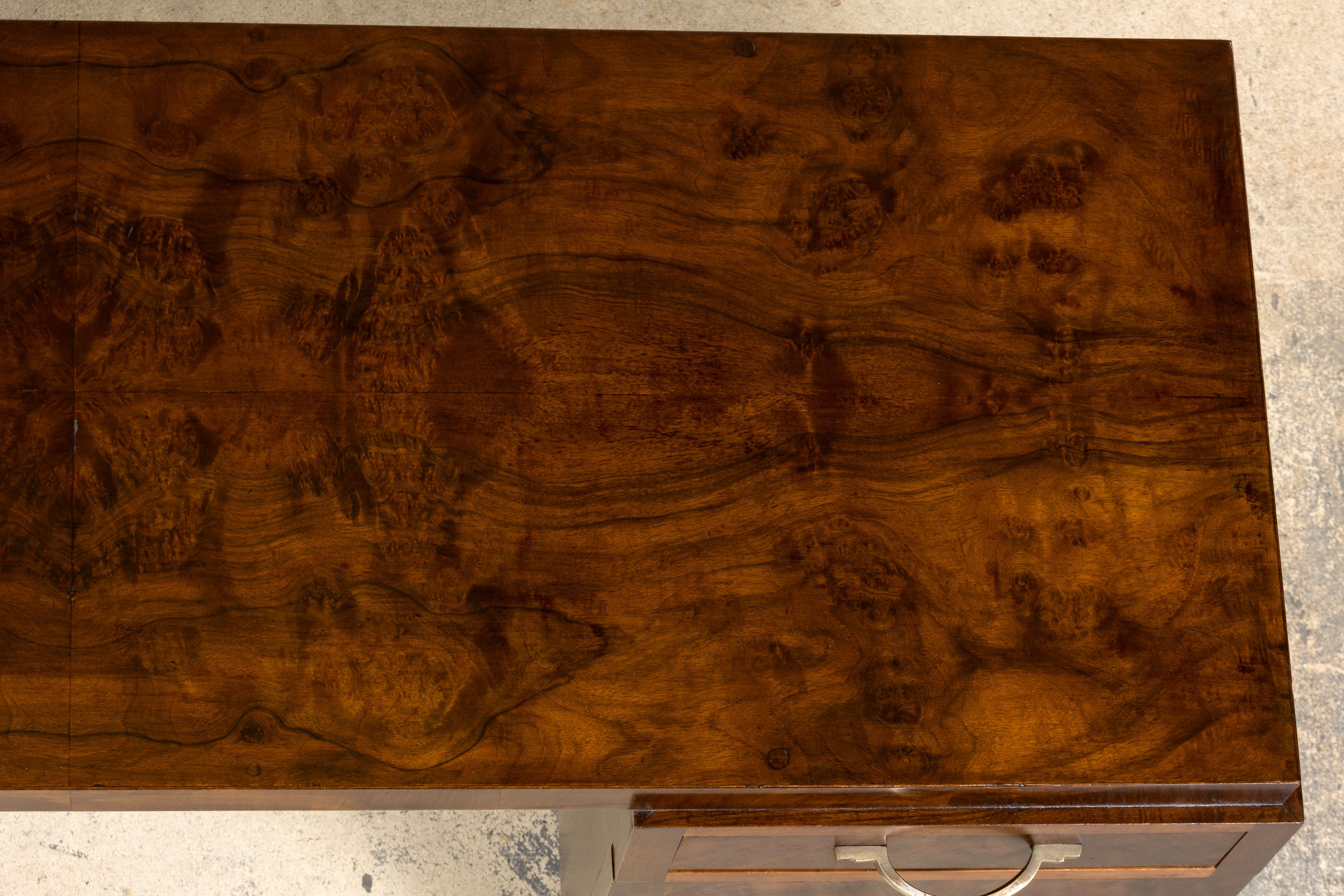 French Art Deco Walnut Burl Pedestal Desk, 1930s