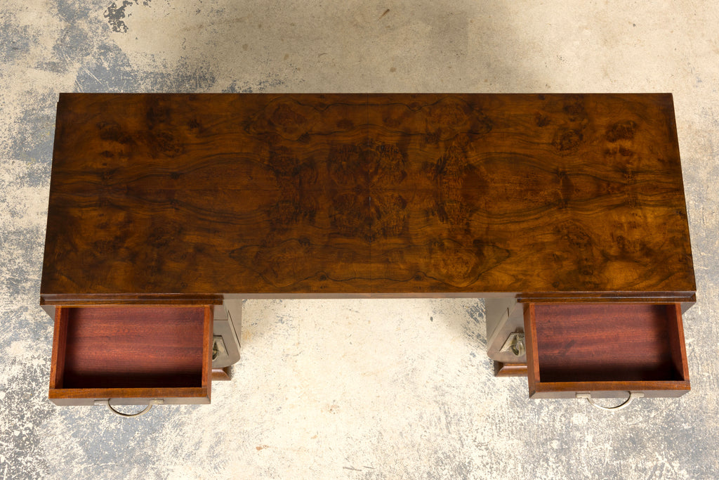 French Art Deco Walnut Burl Pedestal Desk, 1930s