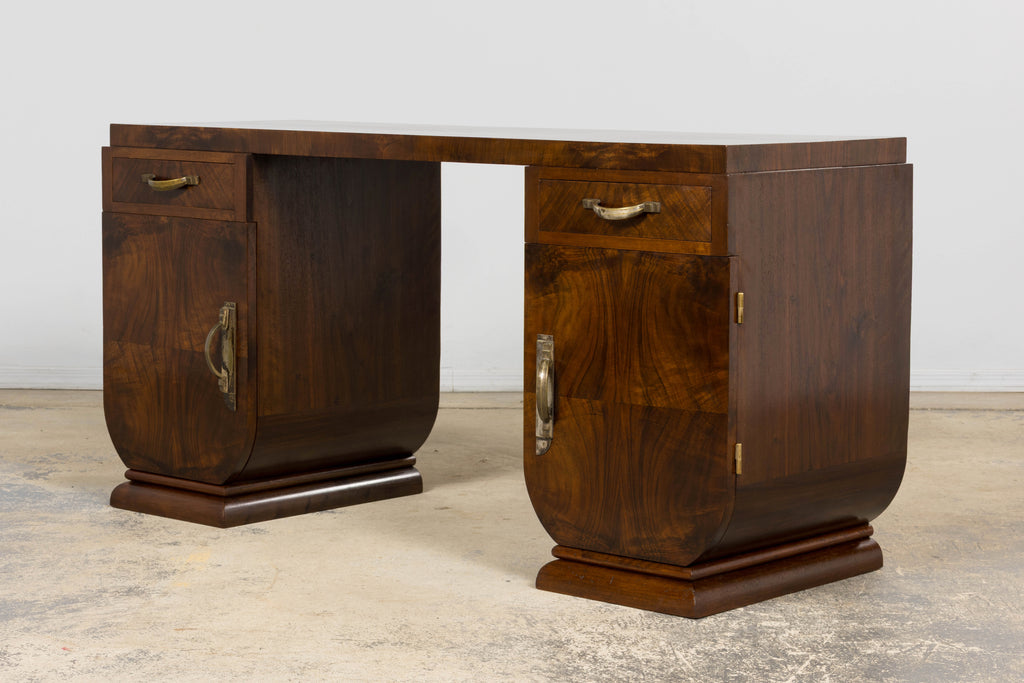 French Art Deco Walnut Burl Pedestal Desk, 1930s