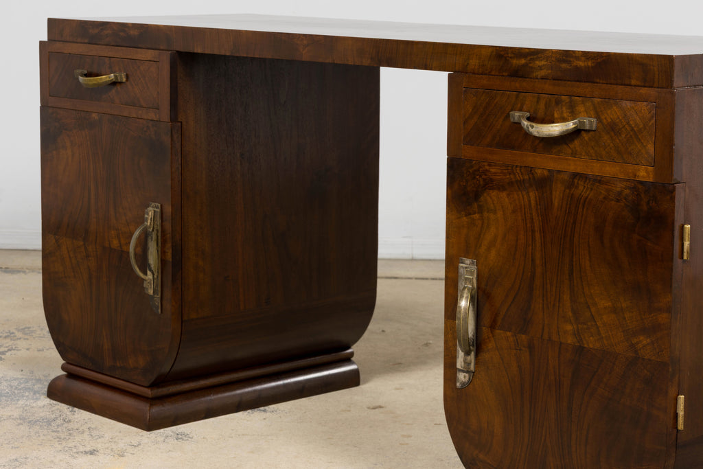French Art Deco Walnut Burl Pedestal Desk, 1930s