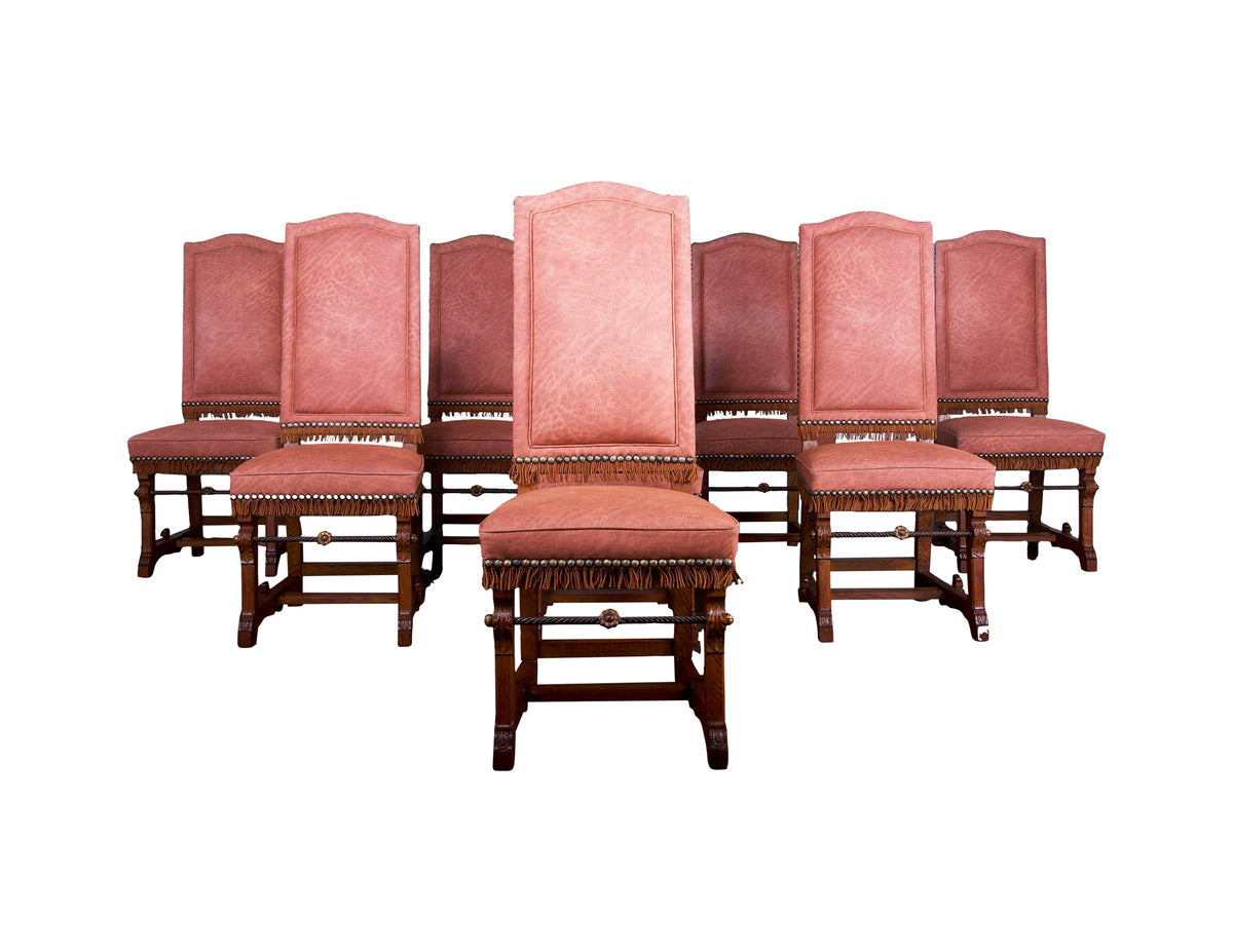 French Louis XIII Style Arched Back Tiger Oak Dining Chairs - Set of 8