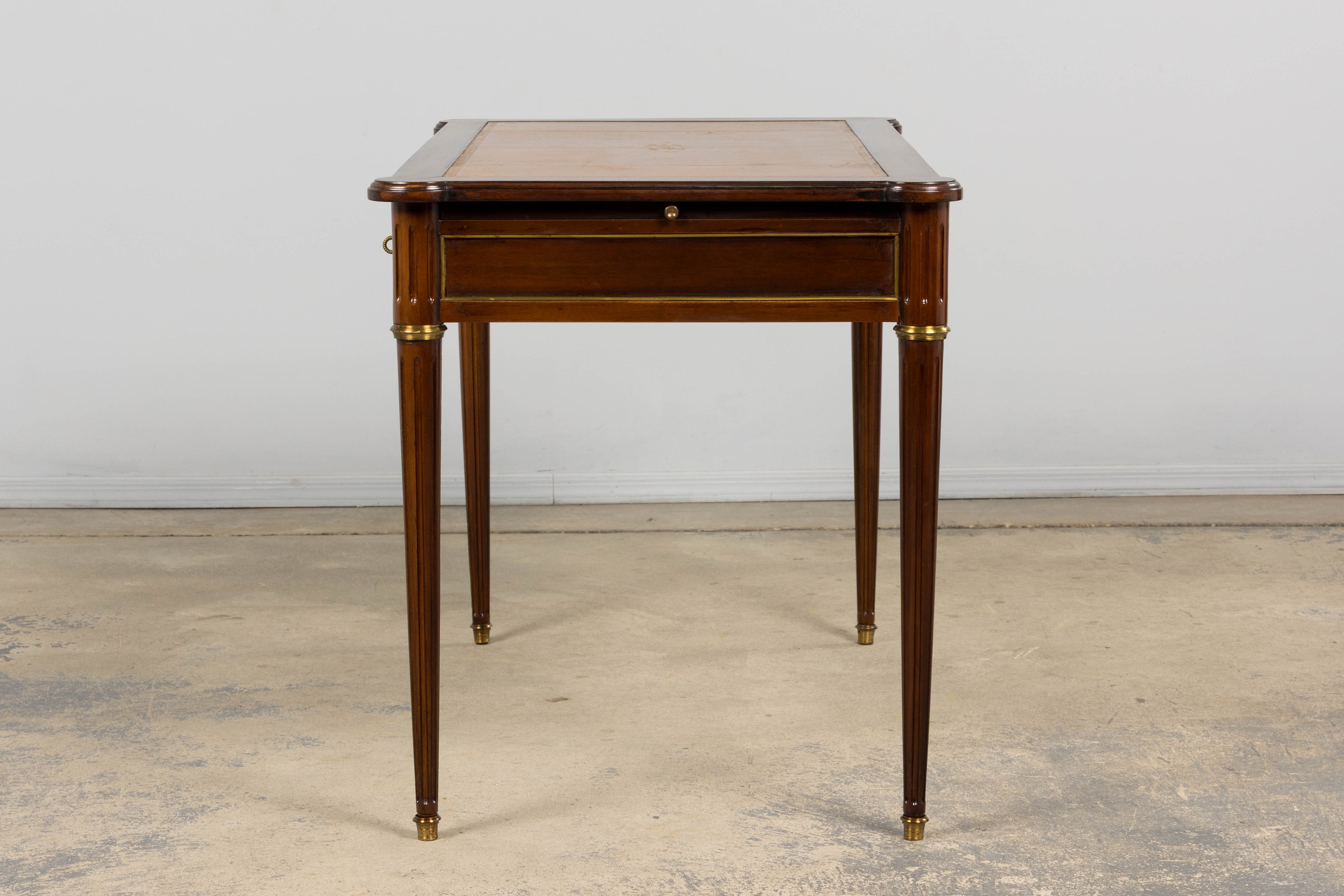 French Louis XVI Style Mahogany Writing Desk W/ Cognac Leather Top