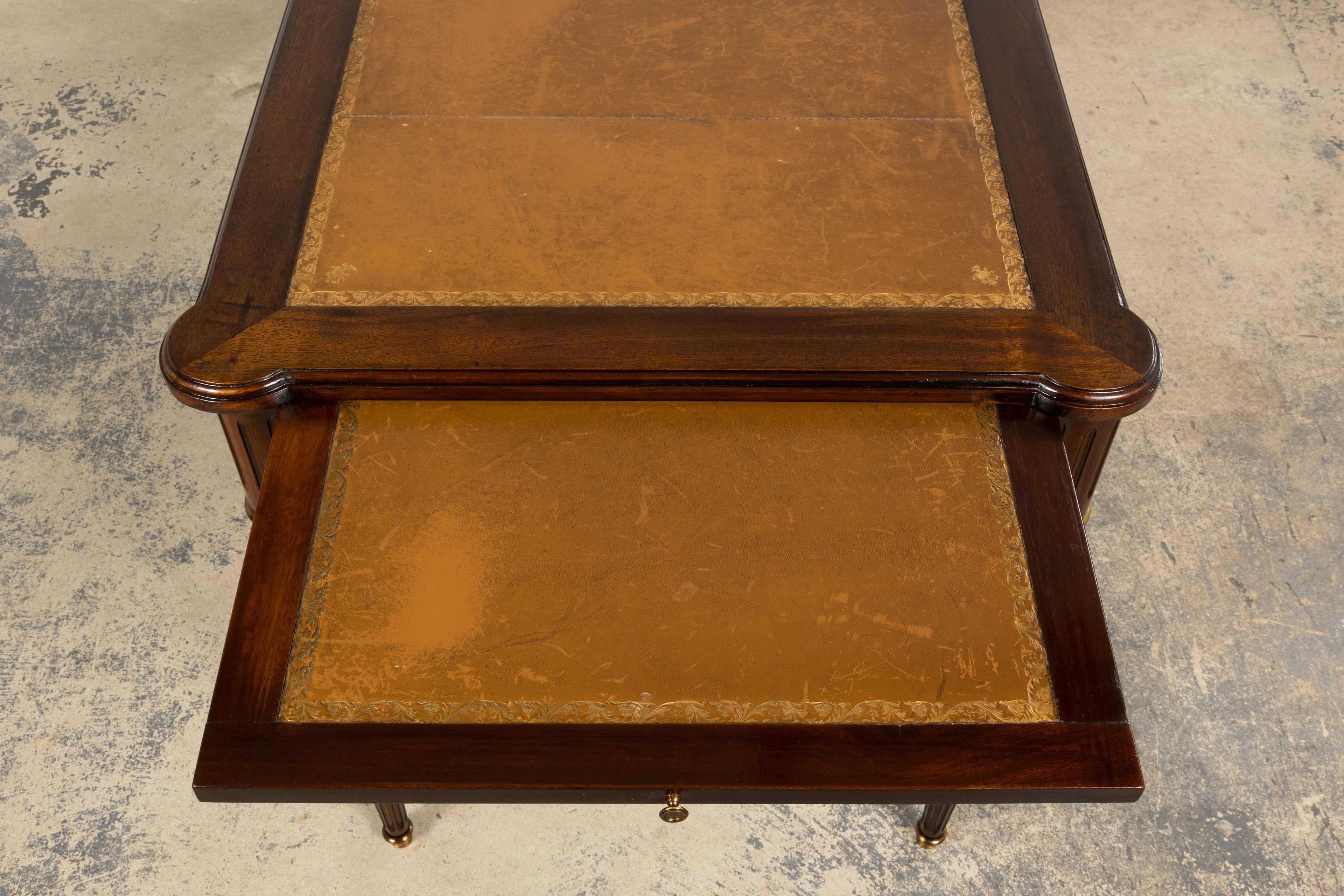 French Louis XVI Style Mahogany Writing Desk W/ Cognac Leather Top