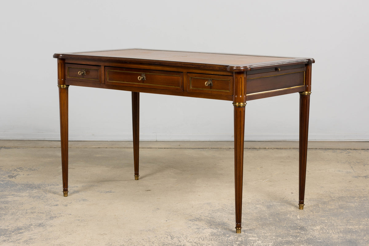 French Louis XVI Style Mahogany Writing Desk W/ Cognac Leather Top