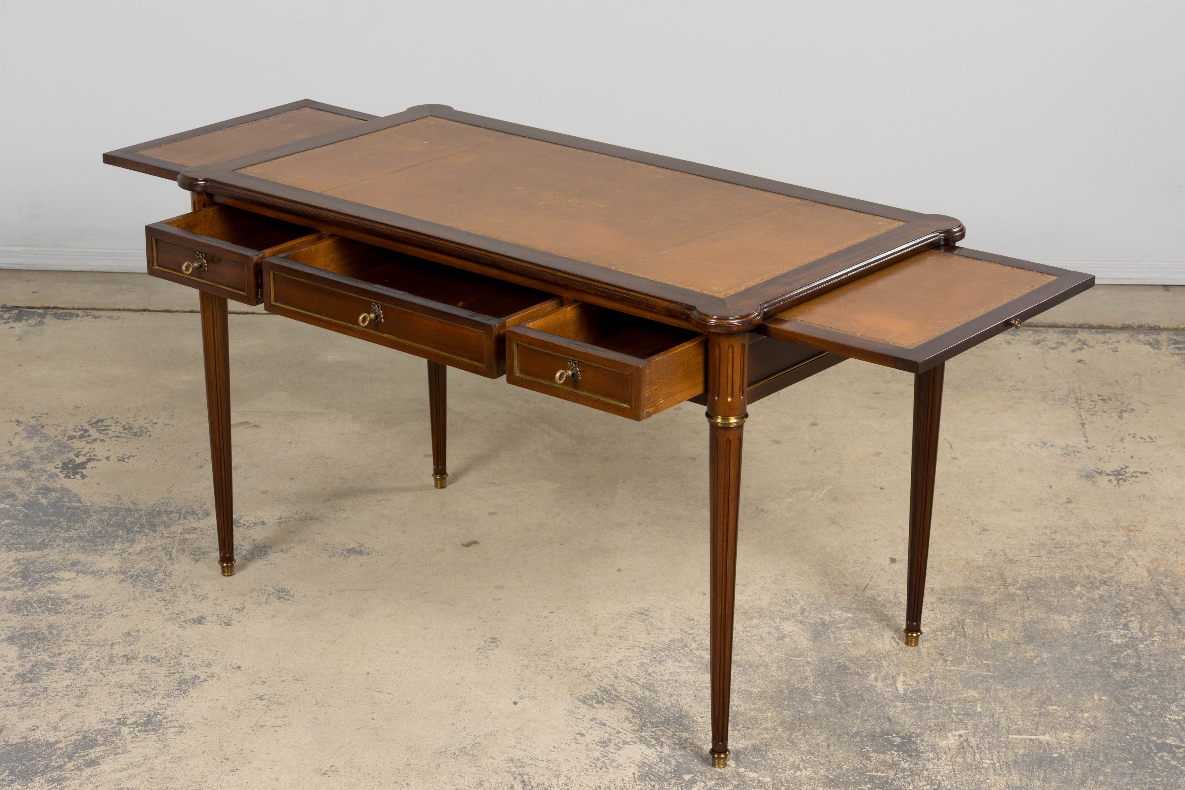 French Louis XVI Style Mahogany Writing Desk W/ Cognac Leather Top