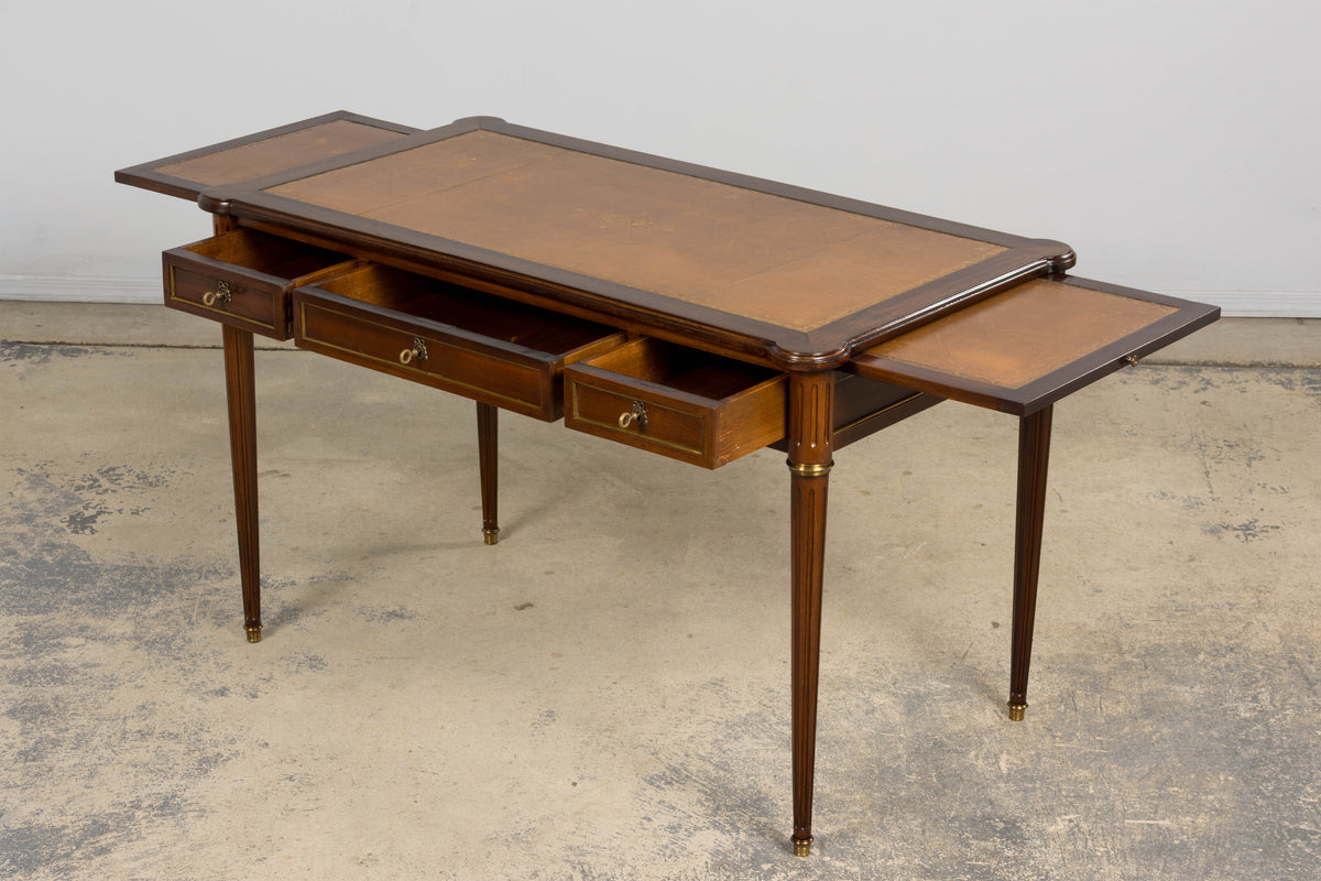 French Louis XVI Style Mahogany Writing Desk W/ Cognac Leather Top