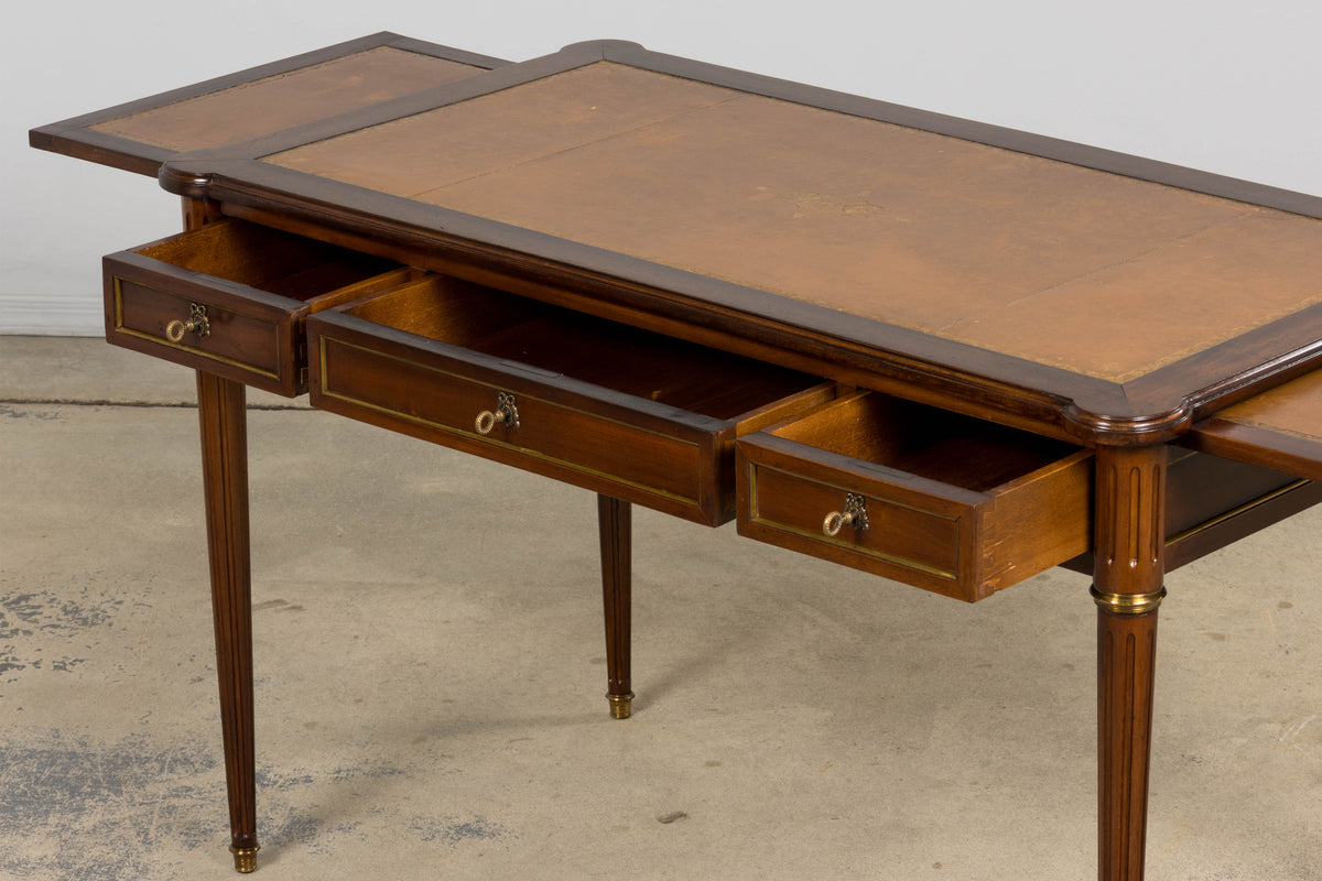 French Louis XVI Style Mahogany Writing Desk W/ Cognac Leather Top